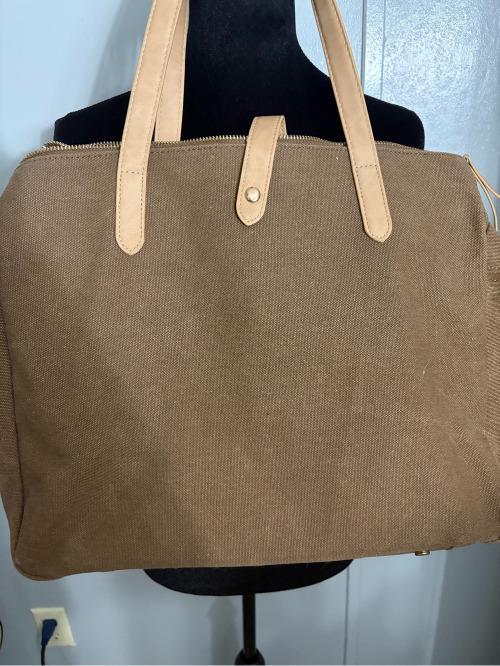 Brown Canvas Tote Bag with Tan Handles